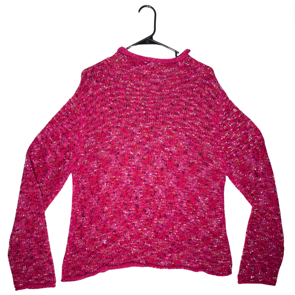 Rainbow Knit Pink Sweater Large Colourful Chunky‎ Roll Neck Jumper Hippie Boho